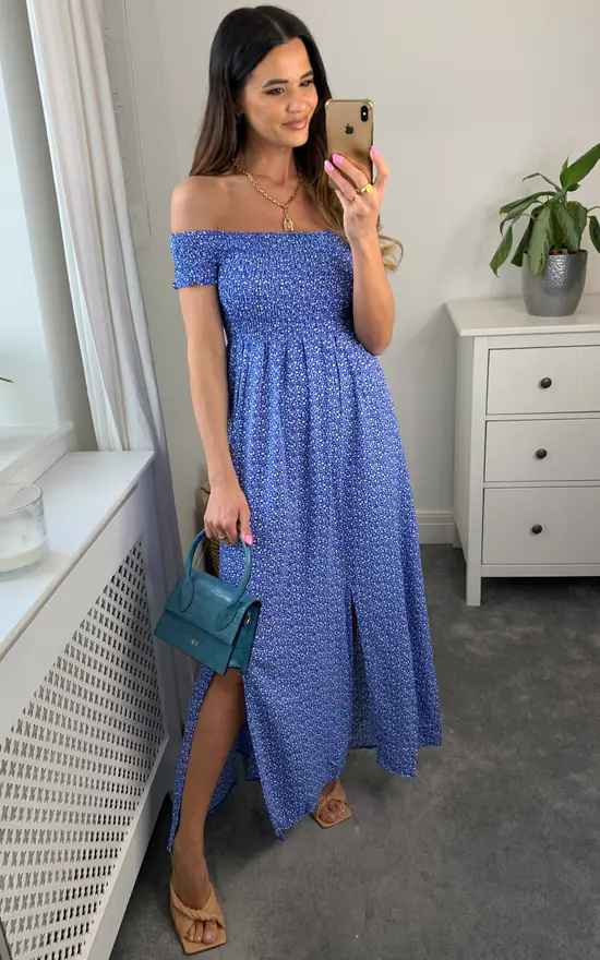 Floral Pattern Off Shoulder Bardot Midi Dress In Blue 5 Floral Pattern Off Shoulder Bardot Midi Dress In Blue - Image 3