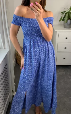 Floral Pattern Off Shoulder Bardot Midi Dress In Blue 9 Floral Pattern Off Shoulder Bardot Midi Dress In Blue -UK Skirt Sales 2023 2022 04 08 Naomi Tenki118