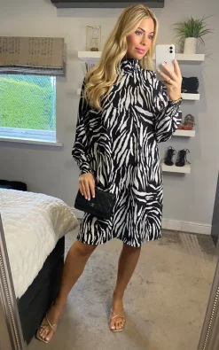 Black Zebra Print High Neck Dress