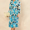 Long Sleeve Geometric Print Belted Midi Dress In Blue