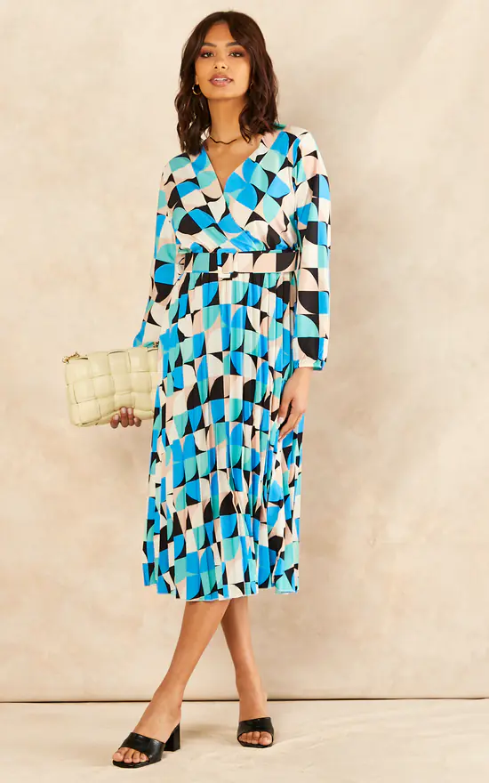 Long Sleeve Geometric Print Belted Midi Dress In Blue 3 Long Sleeve Geometric Print Belted Midi Dress In Blue