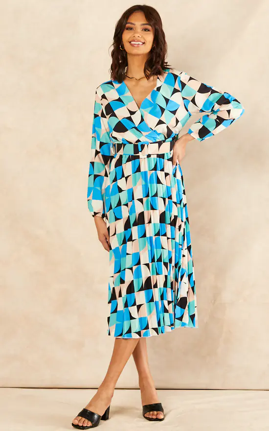 Long Sleeve Geometric Print Belted Midi Dress In Blue 4 Long Sleeve Geometric Print Belted Midi Dress In Blue - Image 2
