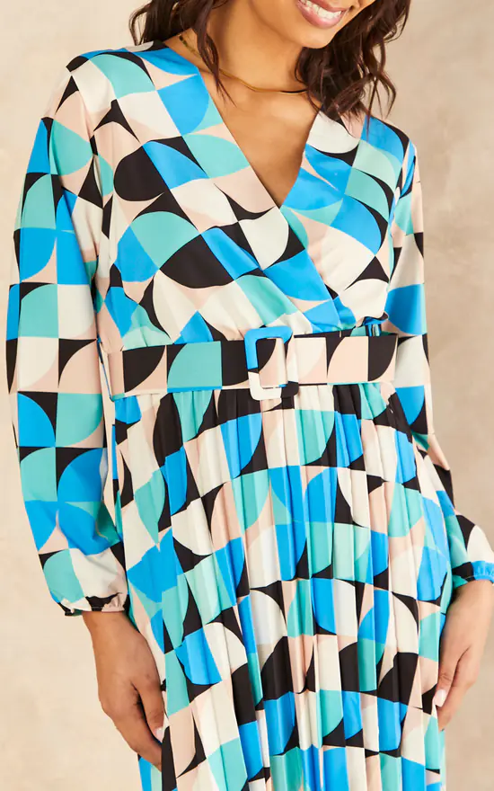 Long Sleeve Geometric Print Belted Midi Dress In Blue 5 Long Sleeve Geometric Print Belted Midi Dress In Blue - Image 3