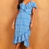 Cold Shoulder Midi Wrap Dress In Blue Ditsy Print