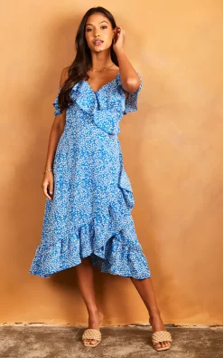 Cold Shoulder Midi Wrap Dress In Blue Ditsy Print 8 Cold Shoulder Midi Wrap Dress In Blue Ditsy Print -UK Skirt Sales 2023 2022 04 25 Jen Julia BellaAndBlue32092