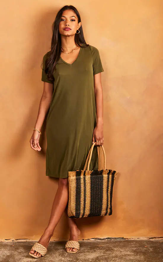 Pieces V Neck T Shirt Dress In Khaki 4 Pieces V Neck T Shirt Dress In Khaki - Image 2