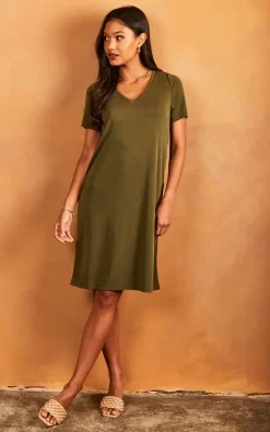 Pieces V Neck T Shirt Dress In Khaki