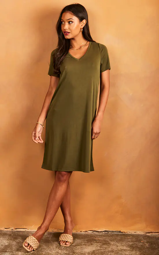 Pieces V Neck T Shirt Dress In Khaki 3 Pieces V Neck T Shirt Dress In Khaki