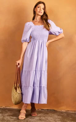 Bella Midi Shirred Smock Dress With Balloon Sleeves Lilac -UK Skirt Sales 2023 2022 04 25 Jen Tia OST32615
