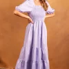 Bella Midi Shirred Smock Dress With Balloon Sleeves Lilac -UK Skirt Sales 2023 2022 04 25 Jen Tia OST32622