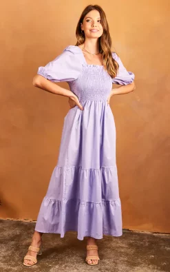Bella Midi Shirred Smock Dress With Balloon Sleeves Lilac