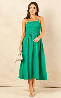 Shirred Midi Skater Dress With Pockets Green -UK Skirt Sales 2023 2022 05 10 Mollie OST41430