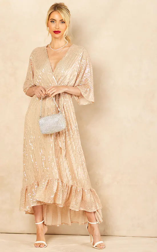 Sequin Plunge Maxi Dress In Gold 4 Sequin Plunge Maxi Dress In Gold - Image 2