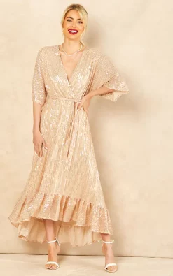 Sequin Plunge Maxi Dress In Gold