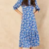 Tiered Floral Midi Dress In Blue