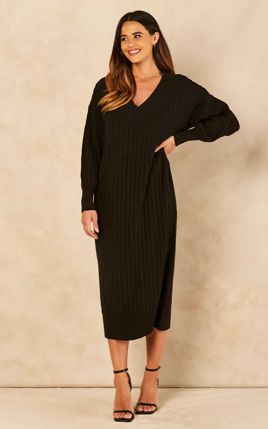ONLY Long Sleeve V Neck Knitted Midi Dress In Black 4 ONLY Long Sleeve V Neck Knitted Midi Dress In Black - Image 2