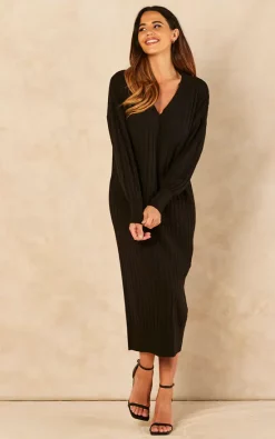 ONLY Long Sleeve V Neck Knitted Midi Dress In Black 8 ONLY Long Sleeve V Neck Knitted Midi Dress In Black -UK Skirt Sales 2023 2022 06 14 Jen Naomi Only45586