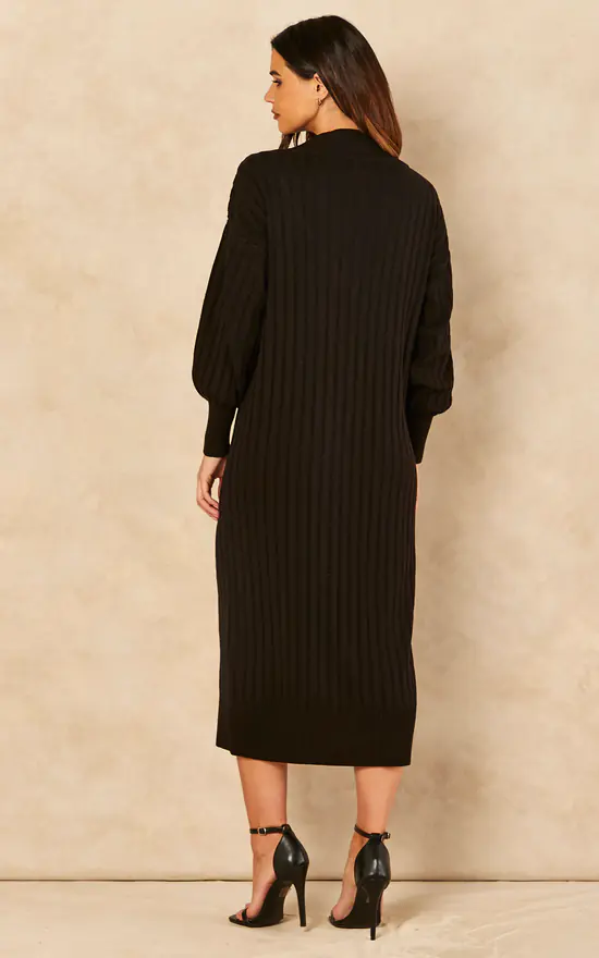 ONLY Long Sleeve V Neck Knitted Midi Dress In Black 6 ONLY Long Sleeve V Neck Knitted Midi Dress In Black - Image 4