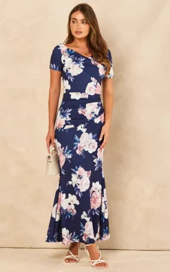Bardot Off Shoulder Maxi Print Dress Navy -UK Skirt Sales 2023 2022 06 27 Jen Chynna Feverfish49615