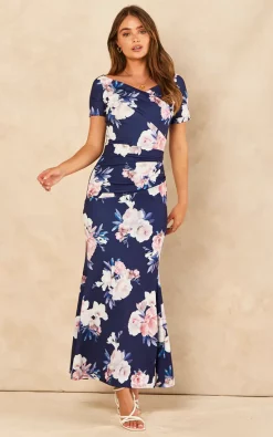 Bardot Off Shoulder Maxi Print Dress Navy