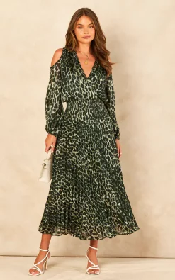 Traffic People Green Animal Print Midi Dress With Glitter Threads