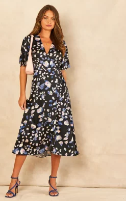 Navy Petal Print Satin Midi Wrap Dress
