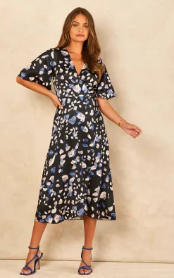 Navy Petal Print Satin Midi Wrap Dress -UK Skirt Sales 2023 2022 07 20 Jen Chynna Bella Blue0702