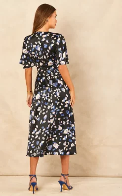 Navy Petal Print Satin Midi Wrap Dress -UK Skirt Sales 2023 2022 07 20 Jen Chynna Bella Blue0704