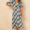 Black And White Lily Print Satin Midi Wrap Dress -UK Skirt Sales 2023 2022 07 21 Jen Chynna Bella Blue60096