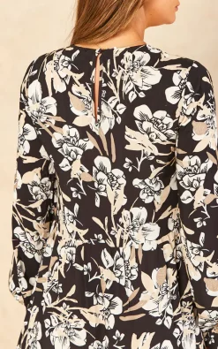 Black And White Sketched Floral Print Long Sleeve Smock Dress -UK Skirt Sales 2023 2022 07 21 Jen Chynna Bella Blue60315