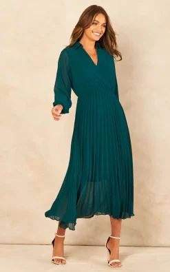 Amryn Collar V Neck Pleated Midi Dress -UK Skirt Sales 2023 2022 07 21 Jen Chynna BlueVanilla58050