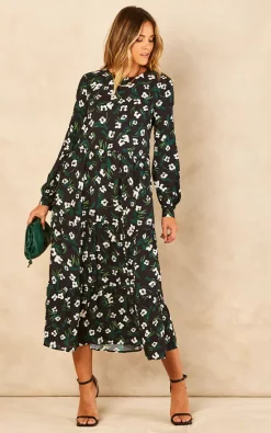 White And Green Floral Print Long Sleeve Smock Dress -UK Skirt Sales 2023 2022 07 21 Jen Meg Bella Blue60226