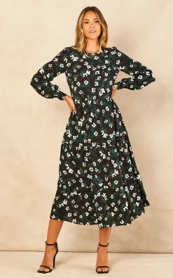 White And Green Floral Print Long Sleeve Smock Dress