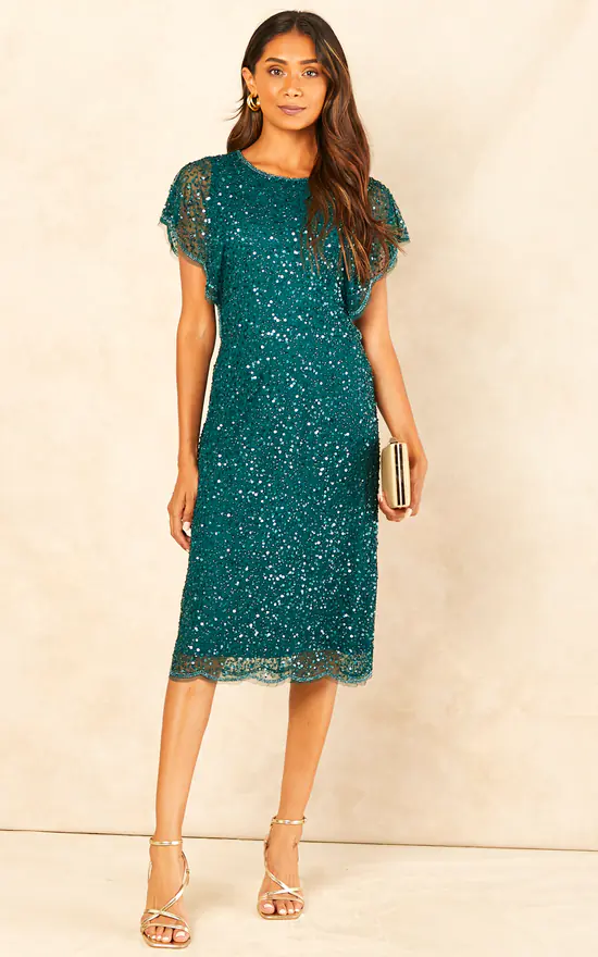 Sequin Flutter Sleeve Midi Dress In Green 3 Sequin Flutter Sleeve Midi Dress In Green