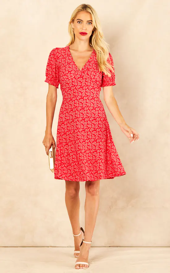 Lydia Shirring Cuff Sleeve Tea Dress In Red Floral Print 3 Lydia Shirring Cuff Sleeve Tea Dress In Red Floral Print