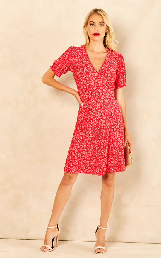 Lydia Shirring Cuff Sleeve Tea Dress In Red Floral Print 4 Lydia Shirring Cuff Sleeve Tea Dress In Red Floral Print - Image 2