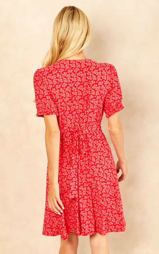 Lydia Shirring Cuff Sleeve Tea Dress In Red Floral Print 6 Lydia Shirring Cuff Sleeve Tea Dress In Red Floral Print - Image 4
