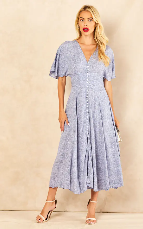 Megan Blue Floral Button Front Maxi Dress With Shirred Back 3 Megan Blue Floral Button Front Maxi Dress With Shirred Back