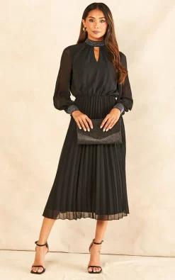 Diamante Collar Pleated Skirt Midi Dress