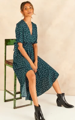 Tie Sleeve Polka Dot Midi Dress In Dark Green -UK Skirt Sales 2023 2022 09 02 Jen Shree Angeleye 75648