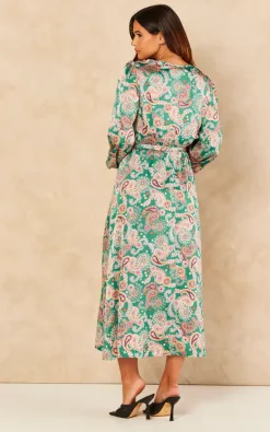 Green Satin Paisley Wrap Belted Midi Dress -UK Skirt Sales 2023 2022 09 06 Jen Naomi Gini77524