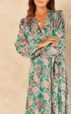 Green Satin Paisley Wrap Belted Midi Dress -UK Skirt Sales 2023 2022 09 06 Jen Naomi Gini77527