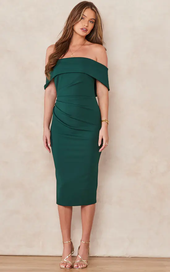 Kelsey Green Bardot Pencil Dress With Gather Detail In Scuba Crepe 4 Kelsey Green Bardot Pencil Dress With Gather Detail In Scuba Crepe - Image 3