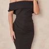 Kelsey Black Bardot Pencil Dress With Gather Detail In Scuba Crepe -UK Skirt Sales 2023 2022 09 13 Tom Chynna EdieB10419