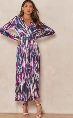 Long Sleeve Midi Dress In Multicolour Print