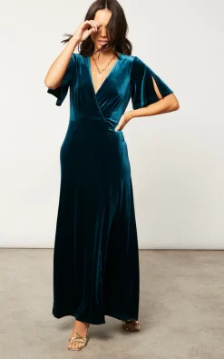 Wrap Front Velvet Dress With Flutter Sleeves And One Slit In Teal -UK Skirt Sales 2023 2022 09 23 Jen Mollie Angeleye21242