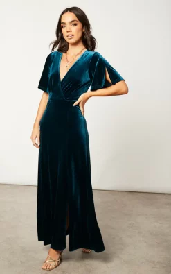 Wrap Front Velvet Dress With Flutter Sleeves And One Slit In Teal