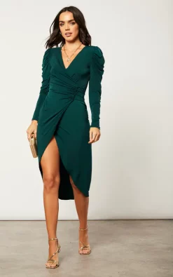 Oscar Sleeve Wrap Midi Dress In Emerald Green