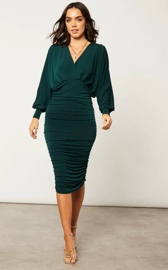 V Neck Bat Sleeve Midi Dress In Emerald Green 4 V Neck Bat Sleeve Midi Dress In Emerald Green - Image 2