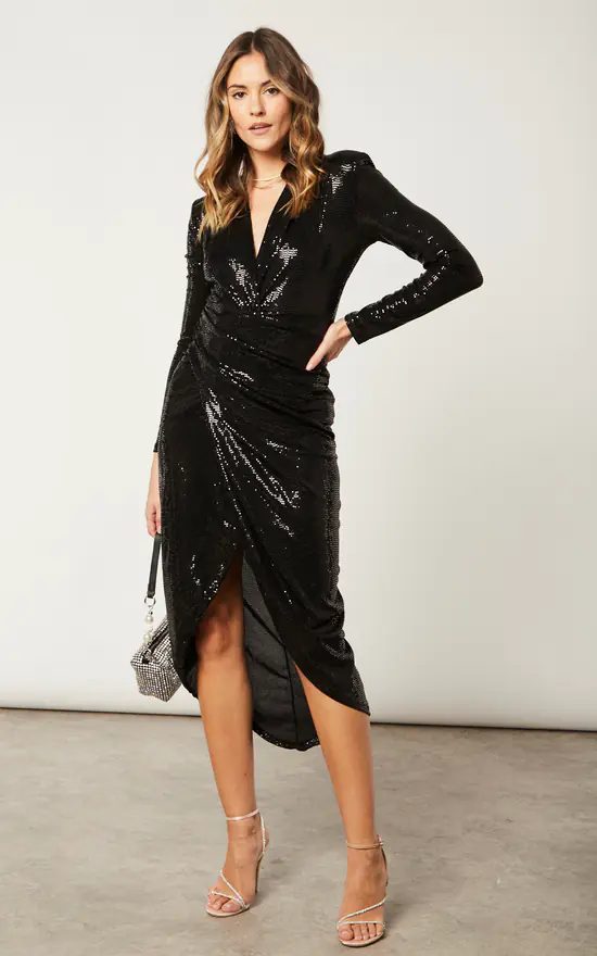 Forever Buzy Sequin Wrap Midi Dress In Black 3 Forever Buzy Sequin Wrap Midi Dress In Black